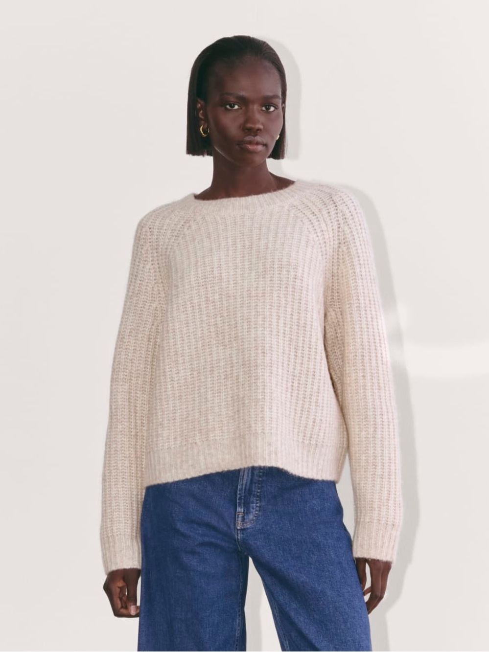 Everlane Fisherman Wool Crew Neck Sweater Heathered Cream and Brown Large